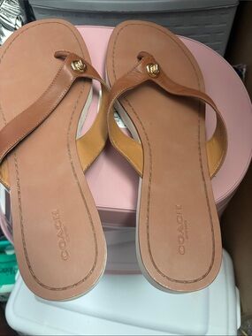 Coach Tan Leather Thong Sandals with Gold Logo Accent